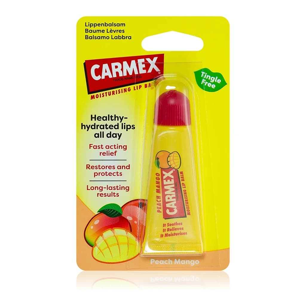Carmex Peach Mango lip balm in a squeeze tube