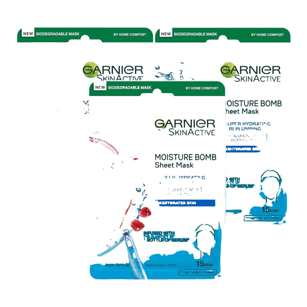 Garnier Moisture Bomb Pomegranate and Hyaluronic Acid Face Sheet Mask Trio